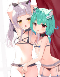 Rule 34 | 2girls, animal ear fluff, animal ears, armpits, arms up, black panties, black ribbon, blunt bangs, blush, grabbing another&#039;s breast, breasts, cat ears, chinese commentary, collarbone, commentary request, fang, fingering, garter belt, garter straps, grabbing, green hair, hair ornament, hair ribbon, highres, hololive, long hair, looking at viewer, multiple girls, murasaki shion, navel, open mouth, panties, pussy juice, red eyes, ribbon, saliva, side-tie panties, silver hair, skull hair ornament, small breasts, smile, thighhighs, underwear, uruha rushia, virtual youtuber, white garter belt, white garter straps, white thighhighs, yellow eyes, yuri, zhiyou ruozhe