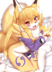 Rule 34 | 1girl, :3, animal ear fluff, animal ears, animal feet, animal nose, bed sheet, bell, blonde hair, blush, claws, cosplay, detached sleeves, embarrassed, facial mark, fang, female focus, flat chest, flying sweatdrops, fox ears, fox girl, fox tail, from above, furry, furry female, hair bell, hair ornament, hair tie, highres, horokusa (korai), jingle bell, knees together feet apart, leg tattoo, long hair, looking at viewer, multicolored hair, multiple tails, neck fur, nervous, nervous smile, nude, open mouth, original, pawpads, purple sleeves, red eyes, renamon, renamon (cosplay), sidelocks, sitting, smile, solo, sweat, tail, tattoo, tears, tongue, twintails, two-tone fur, two-tone hair, two tails, wariza, white background, white fur, white hair, yellow fur