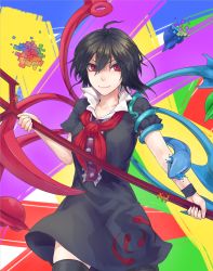 Rule 34 | 1girl, asymmetrical wings, black dress, black hair, black thighhighs, blondy (ldlong), blue wings, colorful, dress, highres, houjuu nue, looking at viewer, multicolored background, polearm, red eyes, red wings, short dress, short sleeves, skindentation, slit pupils, smile, snake, solo, thighhighs, touhou, trident, ufo, weapon, wings, wristband, zettai ryouiki