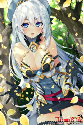 Rule 34 | 1girl, :d, bare shoulders, bikini, black gloves, black thighhighs, blue eyes, blue hat, blush, bracer, breasts, cleavage, copyright name, cross, cross earrings, earrings, gloves, hair between eyes, hat, highres, hisen kaede, jewelry, large breasts, leaf, long hair, looking at viewer, miniskirt, official art, open mouth, outdoors, skirt, smile, solo, standing, swimsuit, thighhighs, tree, venus blade, very long hair, watermark, white hair, zettai ryouiki