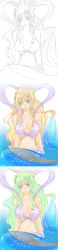Rule 34 | 1girl, alternate hair color, blonde hair, blue eyes, breasts, breasts apart, chigusa suzume, cleavage, earrings, fish, fishman island, green hair, hair ornament, head tilt, highres, jewelry, large breasts, long hair, long image, looking at viewer, mermaid, midriff, monochrome, monster girl, one piece, parted lips, queen of vanilla, ribbon, scales, seashell, shell, shirahoshi, sitting, sketch, tail, tall image, water