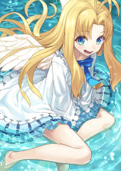 Rule 34 | 1girl, :d, antenna hair, barefoot, blonde hair, blue bow, blue eyes, bow, commentary request, dress, feathered wings, filo (tate no yuusha no nariagari), highres, long hair, long sleeves, looking at viewer, open mouth, parted bangs, shallow water, sitting, sleeves past fingers, sleeves past wrists, smile, solo, tate no yuusha no nariagari, tokumaro, very long hair, water, white dress, white wings, wide sleeves, wings, yokozuwari