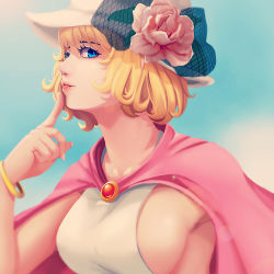 Rule 34 | 1girl, ari rayoko, blonde hair, blue eyes, bracelet, breasts, cape, commentary, flower, hat, jewelry, large breasts, lens flare, lips, looking at viewer, one piece, portrait, short hair, sideboob, solo, stussy (one piece), upper body