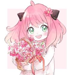 Rule 34 | 1girl, :d, ahoge, anya (spy x family), basket, blush, bouquet, child, commentary request, ebi (shrimp0905), flower, flower basket, green eyes, hair flower, hair ornament, hairpods, highres, holding, holding basket, horn ornament, horns, looking at viewer, medium hair, open mouth, pink flower, pink hair, smile, solo, spy x family, teeth, upper teeth only