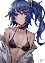 Rule 34 | 1girl, bikini, bikini top only, blue hair, dated, girls&#039; frontline, highres, k11 (girls&#039; frontline), leather choker, long hair, open clothes, open shirt, pink eyes, selcky, side ponytail, signature, simple background, smile, solo, swimsuit, white background
