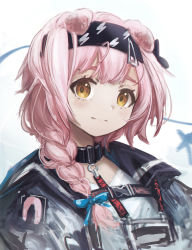 Rule 34 | 1girl, animal ears, arknights, black bow, black collar, black hairband, black jacket, blue bow, bow, braid, cat ears, collar, floppy ears, franlol, goldenglow (arknights), hair bow, hair ornament, hairband, hairclip, highres, id card, jacket, lightning bolt print, long hair, looking at viewer, open clothes, open jacket, pink hair, print hairband, shirt, simple background, single braid, solo, upper body, white background, white shirt, yellow eyes