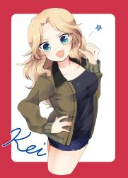 Rule 34 | 10s, 1girl, :d, absurdres, black shirt, blonde hair, blue eyes, blue shorts, border, brown jacket, character name, commentary, cowboy shot, cropped legs, cursive, denim, denim shorts, from side, girls und panzer, hair intakes, hand on own hip, highres, jacket, kay (girls und panzer), long hair, long sleeves, looking at viewer, looking back, military, military uniform, open clothes, open jacket, open mouth, outside border, pointing, pointing at self, red border, saunders military uniform, shirt, short shorts, shorts, smile, solo, st. gloriana&#039;s military uniform, star (symbol), thumbs up, uniform, white background, zarameru (tsukumo)