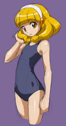 Rule 34 | 10s, 1girl, blonde hair, blue one-piece swimsuit, hairband, kise yayoi, looking at viewer, one-piece swimsuit, precure, purple background, rohitsuka, short hair, simple background, sketch, smile precure!, solo, swimsuit, white hairband, yellow eyes