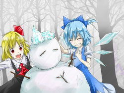 Rule 34 | 2girls, ^ ^, ascot, bad id, bad pixiv id, blonde hair, cirno, closed eyes, dress, embodiment of scarlet devil, female focus, forest, hadi, hair between eyes, letty whiterock, multiple girls, nature, outdoors, plant, red ascot, red eyes, rumia, snow, snowman, touhou, winter