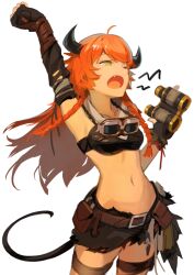 Rule 34 | 1girl, :o, ahoge, arknights, arm up, armpits, bandeau, bare shoulders, belt, binoculars, black gloves, black shorts, braid, brown belt, commentary request, cowboy shot, croissant (arknights), croissant (seeker) (arknights), elbow gloves, fang, gloves, goggles, goggles around neck, holding, holding binoculars, horns, kegani (kegani01), midriff, navel, official alternate costume, open mouth, orange hair, short shorts, shorts, simple background, solo, standing, stomach, tail, thigh strap, twin braids, white background, yellow eyes