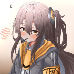 Rule 34 | 1girl, absurdres, blush, brown hair, closed mouth, commentary request, drawstring, food in mouth, furrowed brow, girls&#039; frontline, gradient background, grey hoodie, hair between eyes, highres, hood, hood down, hoodie, long hair, looking at viewer, nanahosi45, pocky, pocky in mouth, scar, scar across eye, shirt, sidelocks, solo, ump45 (girls&#039; frontline), upper body, white shirt, yellow eyes