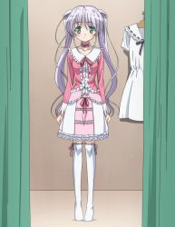 Rule 34 | 1girl, clothes hanger, curtains, dress, dressing room, female focus, fortune arterial, full body, green eyes, highres, indoors, long hair, ribbon, screencap, shop, shopping, silver hair, solo, stitched, thighhighs, third-party edit, tougi shiro, twintails, zettai ryouiki