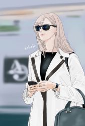Rule 34 | 1girl, bad id, bad pixiv id, baek seju, bag, black shirt, blurry, blurry background, cellphone, coat, commentary request, handbag, hands up, highres, holding, holding phone, jewelry, light brown hair, lips, long hair, multiple rings, phone, ring, rk8bb, shirt, smartphone, solo, sunglasses, tinted eyewear, twitter username, upper body, watch, what does the fox say (webtoon), white coat, wristwatch