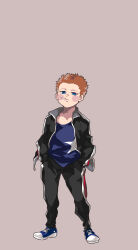 Rule 34 | 1boy, absurdres, alternate costume, alternate eye color, black jacket, black pants, black sleeves, blue eyes, blue footwear, blue shirt, blush stickers, brown background, brown hair, candy stick, closed mouth, collar, collarbone, collared jacket, commentary request, cross-laced footwear, danganronpa (series), danganronpa v3: killing harmony, expressionless, food in mouth, full body, hands in pockets, highres, hoshi ryoma, jacket, jersey, long sleeves, looking at viewer, male focus, mi cha iru, pants, shirt, shoes, short hair, simple background, sneakers, solo, sportswear, star (symbol), star print, sweatpants, white collar