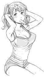 Rule 34 | 1girl, adjusting hair, armpits, arms up, blush, breasts, cleavage, cuvie, food, greyscale, large breasts, monochrome, mouth hold, original, ponytail, popsicle, see-through, short shorts, shorts, sketch, solo, sweat, tank top