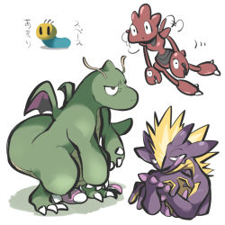 Rule 34 | alternate color, black eyes, claws, closed mouth, commentary request, creatures (company), dragonite, dratini, flying, game freak, gen 1 pokemon, gen 2 pokemon, gen 8 pokemon, half-closed eyes, motion lines, nintendo, pincers, pokemon, pokemon (creature), scizor, shiny pokemon, smile, standing, tirarizun, tongue, tongue out, toxtricity, toxtricity (amped)