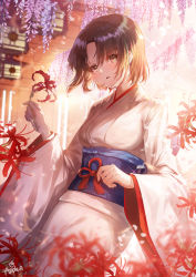 Rule 34 | 1girl, apple caramel, black hair, blurry, breasts, brown hair, commentary request, cowboy shot, depth of field, fate/grand order, fate (series), flower, highres, holding, holding flower, japanese clothes, kara no kyoukai, kimono, long sleeves, looking at viewer, medium breasts, outdoors, parted bangs, parted lips, red flower, ryougi shiki, short hair, solo, sparkle, standing, tree, wide sleeves