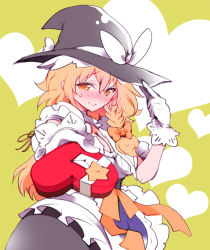 Rule 34 | 1girl, apron, black hat, blonde hair, blush, bow, box, braid, breasts, cleavage, full-face blush, gift, gift box, gloves, hat, hat bow, hat tip, heart, heart-shaped box, ichizen (o tori), kirisame marisa, looking at viewer, orange eyes, side braid, single braid, sketch, smile, solo, sweat, touhou, valentine, white bow, white gloves, witch hat