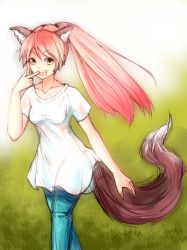 Rule 34 | 1girl, :d, animal ears, bad id, bad pixiv id, fangs, finger to mouth, grass, green eyes, hal360, long hair, open mouth, original, pink hair, ponytail, smile, solo, tail, walking, wolf ears, wolf tail