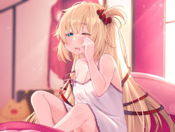 Rule 34 | 1girl, akai haato, aqua eyes, bare shoulders, bedroom, blonde hair, blurry, blurry background, blush, breasts, cleavage, commentary request, crossed legs, day, drooling, hair ornament, hair ribbon, half-closed eye, heart, heart hair ornament, highres, hololive, indoors, knees up, long hair, magowasabi, medium breasts, mouth drool, on bed, one eye closed, one side up, pajamas, purple pajamas, red ribbon, ribbon, rubbing eyes, signature, sitting, sleepy, solo, strap slip, twitter username, very long hair, virtual youtuber, waking up, window