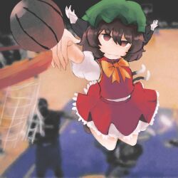 Rule 34 | 1girl, absurdres, animal ears, ball, basketball, basketball (object), bow, bowtie, brown eyes, brown footwear, brown hair, cat ears, cat tail, chen, closed mouth, green headwear, hat, highres, iesonatana, indoors, long sleeves, looking at viewer, mob cap, multiple tails, nekomata, red skirt, red vest, shoes, short hair, skirt, skirt set, slam dunk (basketball), smug, tail, touhou, two tails, vest, yellow bow, yellow bowtie