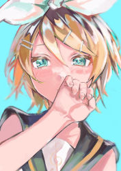 Rule 34 | 1girl, aqua background, aqua eyes, blonde hair, blush, bow, closed mouth, drawing alpaca, fingernails, hair between eyes, hair bow, hair ornament, hairclip, kagamine rin, looking at viewer, short hair, simple background, solo, upper body, vocaloid, white bow