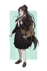 Rule 34 | 1girl, amidura, arm at side, bag, bag charm, black hair, black sailor collar, black serafuku, black shirt, black skirt, border, breasts, brown bag, brown footwear, character charm, character name, charm (object), chest tattoo, fate/extra, fate/extra ccc, fate/grand order, fate (series), forehead tattoo, full body, green background, hair ornament, hair scrunchie, hand up, hans christian andersen (fate), highres, loafers, long hair, long sleeves, looking at viewer, medium breasts, multicolored hair, neckerchief, open mouth, pantyhose, parted bangs, pink hair, pink scrunchie, pleated skirt, ponytail, sailor collar, sailor shirt, school uniform, scrunchie, serafuku, sessyoin kiara, shirt, shoes, shoulder bag, sidelocks, simple background, skirt, smile, solo, standing, streaked hair, tattoo, very long hair, white border, white neckerchief, white pantyhose, yellow eyes