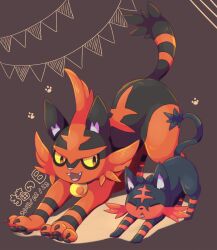 Rule 34 | brown background, closed eyes, colored sclera, creatures (company), dated, full body, game freak, gen 7 pokemon, highres, kechon-san, litten, nintendo, no humans, open mouth, pokemon, pokemon (creature), stretching, torracat, yellow sclera