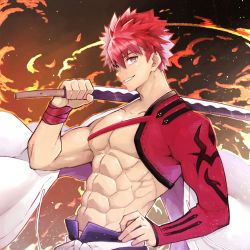 Rule 34 | 1boy, abs, bara, biceps, cape, emiya shirou, fate/grand order, fate (series), fire, grin, hand on own hip, highres, holding, igote, japanese clothes, looking at viewer, male focus, nameko hachikou, red hair, senji muramasa (fate), short hair, smile, solo, sword, weapon, yellow eyes
