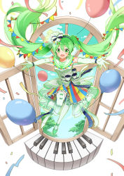 Rule 34 | 1girl, 39, absurdly long hair, absurdres, anniversary, aqua eyes, aqua hair, artist name, artist request, balloon, bare shoulders, black hairband, blue eyes, blue hair, bow, breasts, female focus, full body, gloves, green footwear, green sailor collar, hairband, hatsune miku, high heels, highres, instrument, long hair, mof 0705, number tattoo, outdoors, piano, rainbow skirt, sailor collar, shirt, shoulder tattoo, skirt, small breasts, solo, striped clothes, striped skirt, tattoo, twintails, vertical-striped clothes, vertical-striped skirt, very long hair, vocaloid, white bow, white gloves, white legwear, white shirt, white skirt, window