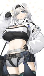 Rule 34 | 1girl, :3, absurdres, animal ears, arknights, aurora (arknights), bear ears, bear girl, belt, black gloves, black hairband, black shirt, blue eyes, breasts, chaps, cleavage, clenched teeth, commentary, cowboy shot, ganesagi, gloves, grey hair, grey shorts, hair over one eye, hairband, highres, infection monitor (arknights), jacket, large breasts, long hair, looking at viewer, midriff, pouch, shirt, shorts, simple background, smile, solo, teeth, white background, white jacket