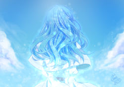 Rule 34 | 1girl, arms behind back, blue hair, blue sky, blue theme, capelet, cloud, dated, day, dress, facing away, from behind, juliet sleeves, light particles, long hair, long sleeves, mahou sekai no uketsukejou ni naritai desu, puffy sleeves, signature, sky, solo, umi111, upper body, white capelet, white dress