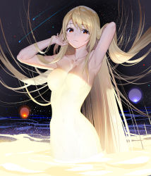 Rule 34 | 1girl, absurdres, armpits, arms up, blonde hair, breasts, closed mouth, collarbone, expressionless, floating hair, highres, large breasts, long hair, looking at viewer, moon, navel, no nipples, nude, orange eyes, original, shooting star, solo, star (sky), teffish, very long hair