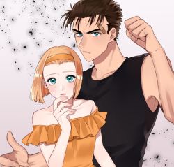 Rule 34 | 1boy, 1girl, bandaid, bandaid on head, bare shoulders, black shirt, blue eyes, brown hair, clenched hand, collarbone, commentary request, dress, green eyes, hairband, hand on own chin, hand up, kyougoku makoto, looking at viewer, meitantei conan, off-shoulder dress, off shoulder, open mouth, orange dress, shimatori (sanyyyy), shirt, short hair, smile, striped, suzuki sonoko, tank top, upper body