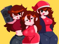 Rule 34 | 3girls, arms behind back, black jacket, breasts, brown hair, curvy, denim, dress, friday night funkin&#039;, girlfriend (friday night funkin&#039;), hat, highres, jacket, jeans, jpeg artifacts, large breasts, long hair, mochikirb, multiple girls, open mouth, pants, red dress, red shirt, red tank top, santa hat, shirt, short dress, shortstack, smile, smug, speaker, tank top, tight clothes, tight dress, wide hips