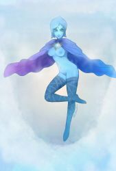 Rule 34 | 1girl, alternate legwear, black thighhighs, blue eyes, blue hair, blue skin, breasts, brooch, cape, colored skin, fi (zelda), forehead jewel, full body, highres, jewelry, leg ribbon, looking at viewer, matching hair/eyes, naked cape, nintendo, nipples, no arms, no pupils, no pussy, nude, r3dfive, ribbon, short hair, small breasts, smile, solo, standing, standing on one leg, the legend of zelda, the legend of zelda: skyward sword, thigh ribbon, thighhighs