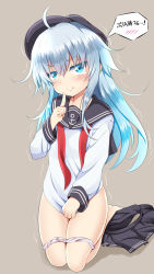Rule 34 | 1girl, ahoge, anchor print, aqua eyes, bare legs, barefoot, black hat, black sailor collar, black skirt, blue hair, blush, commentary request, covering crotch, covering privates, finger to mouth, flat cap, full body, furrowed brow, grey background, hand up, hat, hibiki (kancolle), highres, index finger raised, kantai collection, kneeling, light blue hair, long hair, long sleeves, looking at viewer, miniskirt, neckerchief, no pants, open mouth, panties, panty pull, pleated skirt, red neckerchief, sailor collar, school uniform, serafuku, shirt, shirt tug, sideways hat, simple background, skirt, sleeve cuffs, solo, speech bubble, spoken blush, tamayan, tears, translation request, trembling, underwear, undone neckerchief, unworn skirt, v-shaped eyebrows, wavy mouth, white panties, white shirt