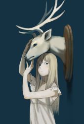 Rule 34 | 1girl, arms up, blue background, blue eyes, blue theme, colored skin, deer, deer head, dress, frilled sleeves, frills, from side, long hair, looking to the side, original, shokugyo, solo, taxidermy, trophy head, white dress, white hair, white skin