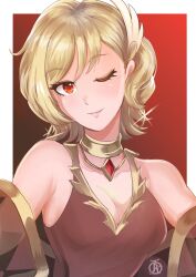 Rule 34 | 1girl, blonde hair, breasts, citrinne (fire emblem), cleavage, close-up, detached sleeves, fire emblem, fire emblem engage, hair ornament, highres, jewelry, looking at viewer, medium breasts, nintendo, one eye closed, orange eyes, portrait, revolverwing, smile, solo, swept bangs, upper body, wavy hair