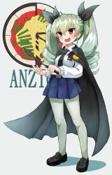 Rule 34 | 10s, 1girl, absurdres, anchovy (girls und panzer), belt, black footwear, black skirt, cape, dress shirt, drill hair, emblem, food, full body, girls und panzer, green hair, hair ribbon, highres, holding, loafers, long hair, long sleeves, miniskirt, necktie, okitsugu, pantyhose, pizza, pleated skirt, red eyes, ribbon, riding crop, school uniform, shadow, shirt, shoes, skirt, solo, standing, twin drills, twintails, white pantyhose, white shirt