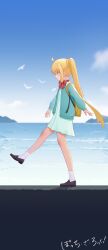 Rule 34 | 1girl, absurdres, ahoge, aqua jacket, arms at sides, backpack, bag, bird, blonde hair, blue sky, blush, bocchi the rock!, bow, braid, closed mouth, cloud, commentary, copyright name, dress, eyelashes, full body, green dress, highres, ijichi nijika, jacket, jianshu, loafers, long hair, long sleeves, looking down, nose, ocean, red bow, red eyes, seagull, shoes, short dress, side braid, sidelocks, sky, smile, socks, solo, straight hair, very long hair, walking, waves, white socks