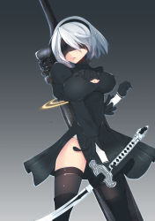 Rule 34 | 1girl, android, black dress, black footwear, black gloves, black hairband, black thighhighs, blindfold, boots, breasts, chain, cleavage, cleavage cutout, clothing cutout, covered eyes, cowboy shot, dress, gloves, gradient background, greatsword, hair over one eye, hairband, hand up, highleg, highleg leotard, highres, holding, holding sword, holding weapon, huge weapon, juliet sleeves, large breasts, leavage, legs apart, leotard, lips, long sleeves, mole, mole under mouth, nier (series), nier:automata, parted lips, puffy sleeves, seiru18, short hair, side slit, silver hair, solo, sword, thigh boots, thighhighs, turtleneck, vambraces, weapon, weapon on back, white leotard, 2b (nier:automata)
