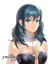 1girl bare_shoulders blue_eyes blue_hair breasts byleth_(female)_(fire_emblem) byleth_(fire_emblem) commentary copyright_name fire_emblem fire_emblem:_three_houses hair_between_eyes long_hair looking_at_viewer medium_breasts nintendo simple_background solo upper_body white_background yuna_lee