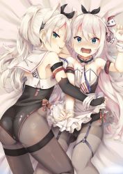 Rule 34 | 2girls, animal ear fluff, animal ears, apron, arm warmers, armpits, azur lane, blush, breasts, cameltoe, cat ears, commentary request, detached collar, fake animal ears, green eyes, hair between eyes, hair ribbon, hammann (azur lane), highres, leotard, long hair, looking at viewer, lying, multiple girls, open mouth, pantyhose, playboy bunny, rabbit ears, ribbon, sims (azur lane), sleeveless, small breasts, smug, tongue, tongue out, zhen jian