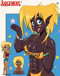 Rule 34 | 1990s (style), 3girls, abs, adelfi atlaiam, anime coloring, bikini, blonde hair, blue eyes, breasts, cleavage cutout, clothing cutout, contemporary, dark-skinned female, dark skin, dziki atlaiam, english text, fang, female focus, fingernails, green eyes, highres, judgement (series), kaminari house, large breasts, long fingernails, multiple girls, muscular, muscular female, navel, official art, open mouth, original, paw pose, pink eyes, pointy ears, retro artstyle, short shorts, shorts, siblings, sitting, skin tight, standing, swimsuit, taut clothes, text focus, tight clothes, u00fdska atlaiam, very dark skin