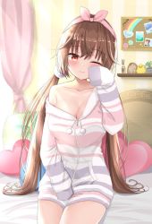 Rule 34 | 1girl, akino ell, bed, blush, breasts, brown hair, commentary request, curtains, day, eyes visible through hair, hair ornament, hand on own face, heart, heart-shaped pillow, hood, hoodie, long hair, long sleeves, looking away, looking to the side, medium breasts, off shoulder, on bed, one eye closed, original, pillow, red eyes, rubbing eyes, sitting, sleepy, sleeves past fingers, sleeves past wrists, solo, striped clothes, striped hoodie, twintails