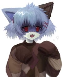 Rule 34 | absurdres, animal ears, auksechan, blue hair, brown sweater, cat ears, highres, monster girl, open mouth, original, red eyes, smile, stitched face, stitches, sweater, upper body, white background