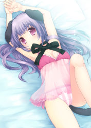 Rule 34 | 1girl, animal ears, armpits, bad id, bad pixiv id, bed, blush, breasts, cleavage, dog ears, dog tail, highres, long hair, looking at viewer, lying, mouth hold, nightgown, original, panties, pillow, purple eyes, purple hair, ribbon, see-through, small breasts, solo, tail, underboob, underwear, usashiro mani