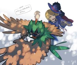 Rule 34 | 1boy, :d, arrow (projectile), bird, black gloves, blonde hair, blurry, creatures (company), crossover, decidueye, from above, game freak, gen 7 pokemon, gloves, green eyes, hat, holding, holding clothes, holding hat, looking up, nintendo, ohhhhhhtsu, open mouth, owl, pokemon, pokemon (creature), purple headwear, rook hunt, short hair, sketch, smile, teeth, tongue, translation request, twisted wonderland, yellow eyes