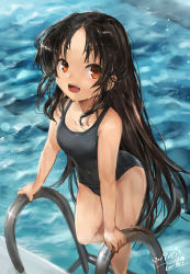 Rule 34 | 1girl, black hair, blue one-piece swimsuit, blush, breasts, brown eyes, commentary request, covered navel, hair down, highres, kantai collection, long hair, looking at viewer, medium breasts, nisshin (kancolle), one-piece swimsuit, open mouth, pool, pool ladder, poolside, school swimsuit, small breasts, smile, solo, swimsuit, thighs, toka (marchlizard), very long hair, water, wet